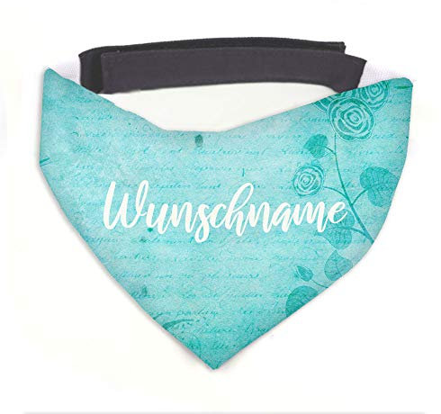 Hundehalstuch Vintage2 türkis / weiß personalisiert inklusive Wunschname z.B. Name Ihres Hundes mit 12 cm Klettverschluss für kleine, mittlere und große Hunde (L = Halsumfang 45-60 cm)