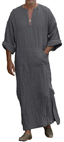 Chiatai Herren-Kaftan, legerer ethnischer Muslimischer Thobe, Leinen, lange Ärmel, Naher Osten, Saudi-Arabisch, Roben mit Taschen, grau, L