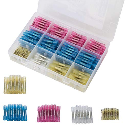 DINGYUAN Stoßverbinder/Quetschverbinder – 240 Stück wasserdichte Schrumpfverbinder, 3:1 mit Klebeschicht, 26–10 AWG (0,25–6 mm²), Kupferhülse, 4 Farben/5 Größen (Gelb ×2)