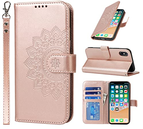 ELTEKER Handyhülle iPhone XS Max Klapphülle, Hülle für iPhone XS Max, [3 Kartenfächer] [Leder] [Magnet Verschluss] Eleganter Prägung Schutzhülle Ledertasche Hülle für iPhone XS Max, Roségold