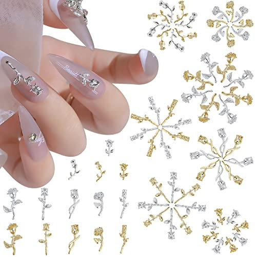 NICENEEDED 60Pcs Rose Bouquet Ongles Charmes, Kit de Bijoux pour Ongles Rosebud en Argent Doré avec Boîte, Fournitures de Conception D'Art D'Ongle de Luxe en Métal 3D