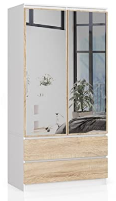 BDW Kleiderschrank 2 Türen 2 Schubladen 2 Spiegel für das Schlafzimmer Wohnzimmer Diele 180x90x51 (Weiß - Sonoma-Eiche)