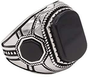 HIJONES Herren Vintage Edelstein Onyx Ring aus Rostfreier Stahl Eheringe aus Stein Silber-Schwarzer Edelstein Größe 57 (18.1)
