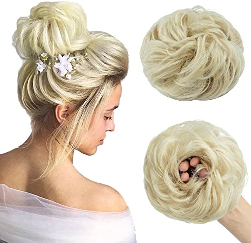 Curly synthetic hair bun with messy strokes, elastic hair piece in bleaching blonde, ideal for a natural, casual look, bleach blonde