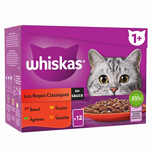 WHISKAS Repas pour Chat - 48 Sachets Fraîcheur (Lot de 4 Packs 12x85g) - Les Repas Classiques (4 variétés) - Pâtée pour Chat Adulte en Sauce. Nourriture Humide Complète Adaptée aussi Chats Stérilisés
