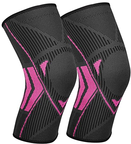 Ruilala Kniestütze Kompression Kniebandage 2 Stück mit Rutschfestem Silikonstreifen Elastisch Knie Sleeve für Männer Damen für Arthritis ACL Meniskusriss Sport Fitness Joggen (Rosenrot, M)