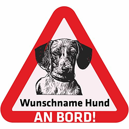 Indigos UG - Autoaufkleber selbst gestalten Namensaufkleber Hund 15 cm - Dackel - Sticker mit Name & Wunschtext personalisiert selbstklebend - Motorrad - LKW - Heckscheibenaufkleber
