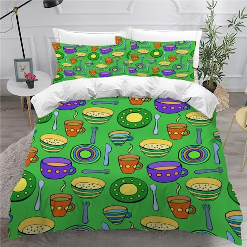 Housse de Couette 200x200 griffonnage de dessin animé Parure de Lit Adulte avec Fermeture Éclair 2 Personnes,Parure Housse Couette en Microfibre avec 2 Taies d'oreiller 65x65cm Ustensiles de cuisine