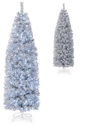COSTWAY 180cm Künstlicher Weihnachtsbaum Bleistift, LED beleuchteter Tannenbaum mit 250 kaltweißen LEDs, schlanker Christbaum Weihnachten, Kunstbaum mit Metallständer, Weiß+Schwarz