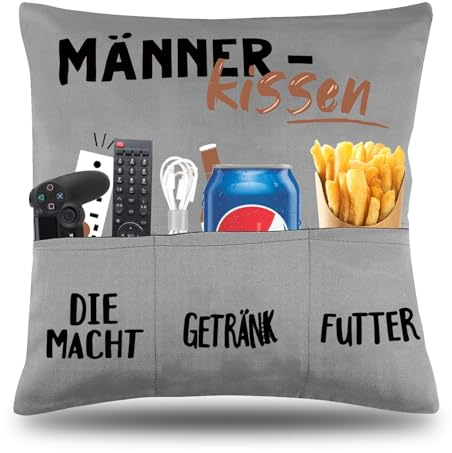 ENAIAH 45x45 cm Männer Kissenbezug männerkissen mit Taschen für Bier, Die Macht und Snacks lustige personalisiertes Kissen für Männer Papa Geburtstag