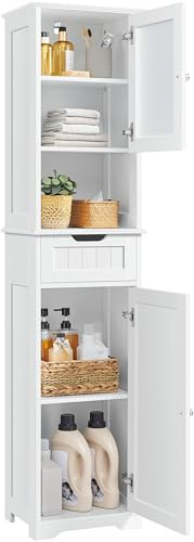 Yaheetech Tall Slim Bathroom Storage Cabinet with Frosted Glass Door, White