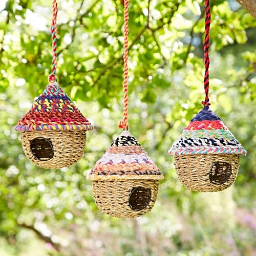 Rundes Vogelhaus aus recycelter Baumwolle – handgefertigter Vogelnest/Nistkasten – Fair Trade Artisan – recyceltes Metall, Baumwolle und Jute