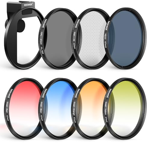 NEEWER Kit di filtri ND per telefono da 67 mm, clip per lenti aggiornate con manopola di bloccaggio/manopola di bloccaggio, CPL/ND32/6 Point Star/4 filtri colorati graduati, compatibile con 15 Pro Max