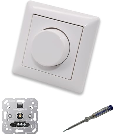 EBROM SET IDEE: JUNG 1730DD LED Drehdimmer LED-Dimmer mit Dimmerscheibe Zentralplatte A1740WW Einfachrahmen in alpinweiß glänzend inklusive EBROM Phasenprüfer zur Montage des Dimmers 1730 DD