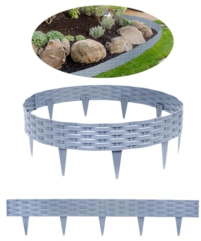 HENGMEI Rasenkanten Kunststoff Beetumrandungen 5m Beetumrandung Gartenpalisade Mähkante 5 stücke Rattan-Optik Randsteine Palisaden Gartenzaun, Grau