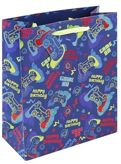 Eurowrap Geschenktüte mit Videospiel auf Gamer-Party, mit Geschenkanhänger, Happy Birthday Boy Geschenkpapier, Anlass, mittelgroß