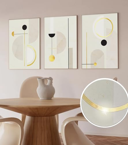 GlamPosters 3er Metallisch Wandbilder Set - Bilder für Wohnzimmer, Badezimmer, Schlafzimmer - Poster Aesthetic - Moderne Bilder 300g/m2 Papier - Elegant Wandposter - ohne Rahmen - Creme Geometrisch