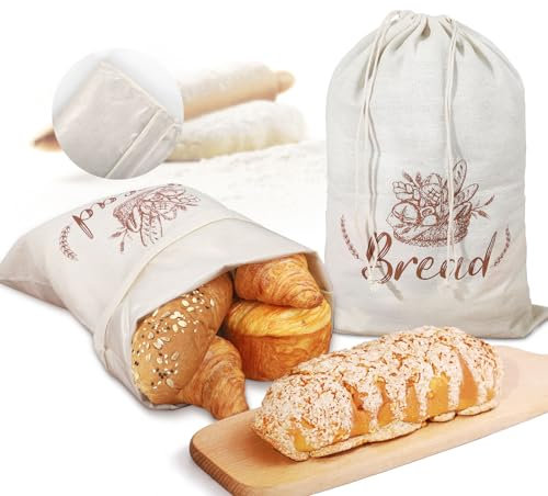 URMMIY Brotbeutel aus Leinen für hausgemachtes Brot, 2 Stück, 48,3 x 32 cm, wiederverwendbare und langlebige Brotaufbewahrung, Brotbeutel für Sauerteig, Obst und Gemüse, atmungsaktiv und leicht zu