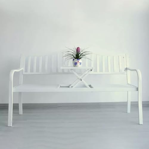 SORVA Gartenbank aus Metall, Gartenbank für die Veranda mit ausziehbarem Tisch, Parkbank, Terrassenbank, wetterfest, mit Armlehnen und Rückenlehne, für Parkgarten, Terrasse und Lounge (Farbe: Weiß