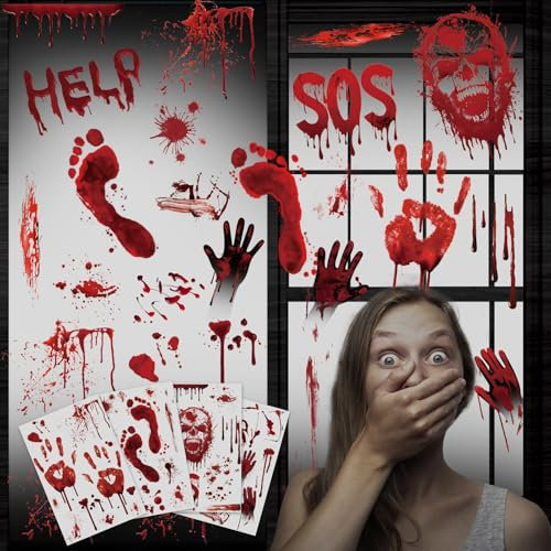 Lemicin Halloween Fensterdeko Fensterbilder Deko - 10 Blätter Halloween Deko Fenster Projektion Blut Aufkleber Handabdrücke Zombie Gruseldeko mit Narben Tattoos für Halloweenparty Spukhaus
