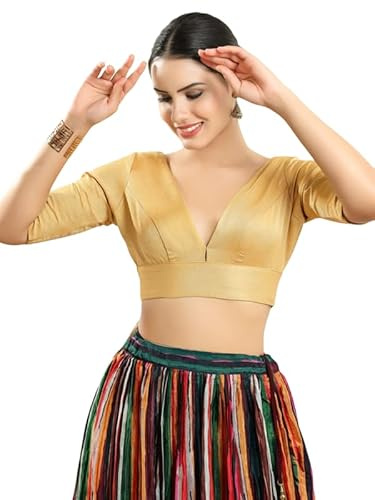 Dupion Silk Solid Non Padded Saree Blouse Top V-Neck Short Sleeves Hook and Eye Closure and Tie-Up Back Choli Gold