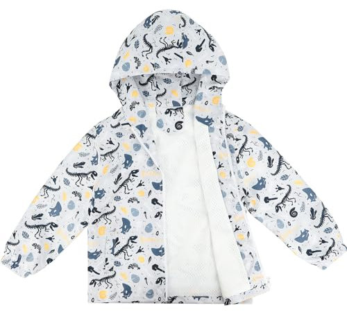 LACOFIA Veste Imperméable Enfant Garçon Veste Coupe Vent à Capuche Blouson de Pluie Léger Doublé de Maille pour Enfant Dinosaure Blanc 9-10 ans