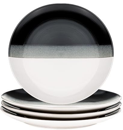 binsakao Lot de 4 assiettes à dîner en céramique - 25,4 cm - Résistantes aux rayures - Noir et blanc décoloré - Passe au micro-ondes, au lave-vaisselle et au four