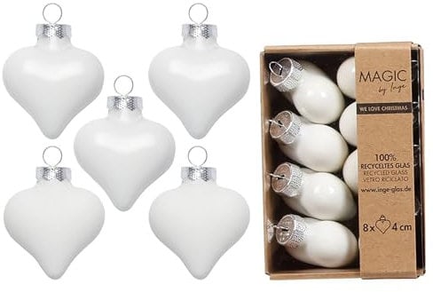 Christbaumschmuck Herzen 4cm Glas 8 Stück - matt & glänzend - Kleine Christbaumkugeln für Weihnachten - Weihnachtskugeln & Weihnachtsbaumschmuck Weiß - Pure White