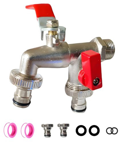 Rubinetto Giardino - Doppio Rubinett- 1/2 Ingresso e 3/4 Doppia Uscita, Viene Fornito con 2 Uscite Acqua per Capezzoli + 2 O-Ring + 2 Guarnizioni Water-Stop + 2 Nastri Materie Prime da 7 M