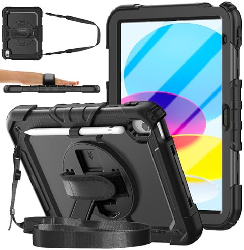 DAORANGE Custodia per iPad (A16) 11a Generazione 11 2025/iPad 10a Generazione 10.9 2022, Custodia Antiurto con Pellicola Protettiva, Supporto Girevole a 360°, Cinturino a Mano e Tracolla (Nero)
