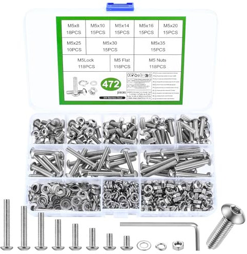 472 Stk M5 Schrauben Set, Linsenkopf Innensechskantschrauben Muttern Set, Linsenkopfschrauben mit Muttern Set, Maschinenschrauben Sortiment, Gewindeschrauben und Muttern mit Unterlegscheiben Set
