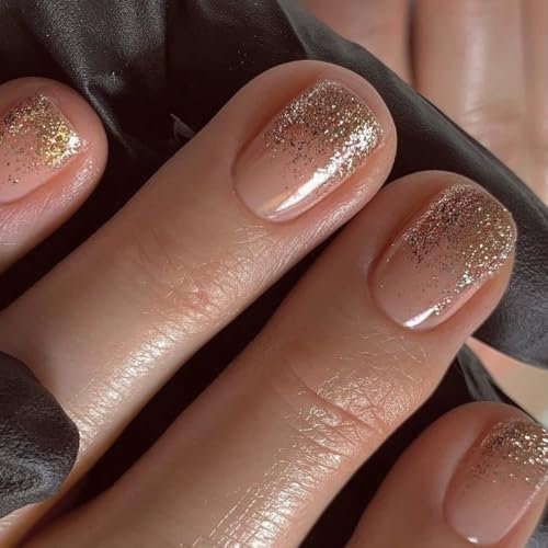 24pcs Short Press on Nails Square False Nails Glitter Gold Fake Nails Pink Stick on Nails Removable Glue-on Acrylic Nail Tips Wedding Bridal Accessories for Women