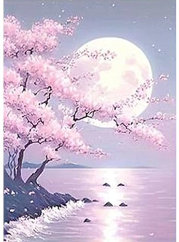 JICFDAO Diamond Painting Landschaft 30x40cm Diamond Painting Bilder Blumen Stickbilder Erwachsene Anfänger Malen nach Zahlen Meer Diamant Malerei Bilder Mond Japanische Kirschblüte Handarbeiten