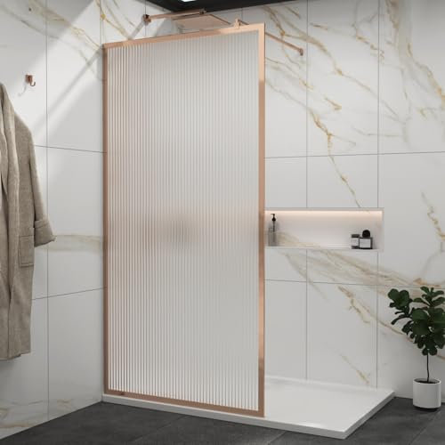 Luxor 900mm Walk in Wet Room Fluted Shower Screen with Brushed Bronze Frame 8mm Easy Clean Toughened Safety Glass & Top Support Arm