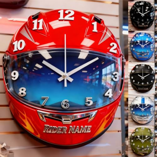 Personalisierte Motorradfahrer-Rennhelm-Themen-Uhr für Schlafzimmer Wohnzimmer Club Custom 2D Flachdruck Motorradfahrer-Rennfahrer Name Wandkunst Uhr Helm-Thema Wandkunst Zeichen Plakette Heimgeschenk