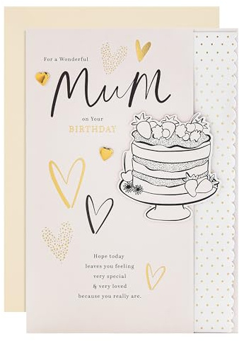 Hallmark Birthday Card for Mum, Gold Foil, Hearts, Cake Design | Measures 26cm X 18cm, Heartfel Verse, Cream Envelope, White and Gold Accents, Recyclable, Die-cut, Paper Insert