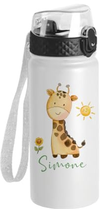 Borraccia con Beccuccio e Cannuccia Personalizzata per Bambini Bottiglia d'Acqua con Beccuccio e Cinturino con giraffa e nome termica da 550ml scuola campo estivo gita in acciaio idea regalo natale
