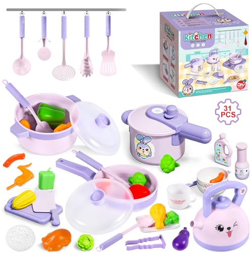 JUQG 31Pcs Accesorios de Juguetes de Cocina para Niños, Juguetes de Cocina con Ollas y Sartenes, Juego de Roles de Chef Infantil para Niños y Niñas de 3 4 5 6 7 8 Años