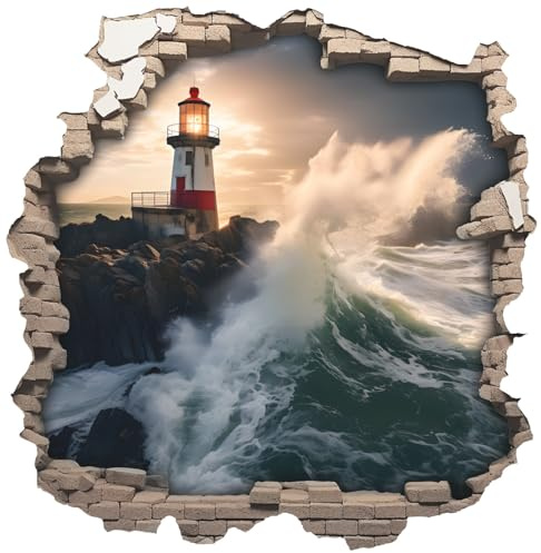 Samunshi® Autoaufkleber Mauerloch Wandriss mit Leuchtturm im Sturm Sticker Fenster in andere Welt Portal für Notebook, Laptop Campervan 50 x 50cm