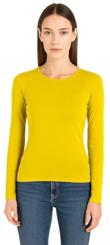 Ladies Long Sleeve Round Neck Plain Basic Women's Stretch T-Shirt Top Sizes 8-26 (UK, Numeric, 12, 14, Regular, Regular, Yellow)