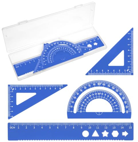 JEYORZY 4pcs Juego de reglas, Escuadra cartabon y transportador, conjunto de regla, reglas metalicas, reglas escolares reglas kit, conjunto de geometría para el maestro estudiante de la escuela, Azul