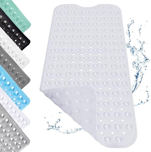 Duschmatte rutschfest, 100x40cm Badewannenmatte aus PVC mit Saugnäpfen, Lange Antirutschmatte Badewanne, Duschmatte mit Abflusslöchern, Kieselstein Design, Transparentes Weiß