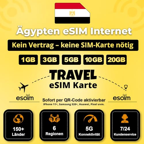 Ägypten eSIM für Urlaub – Günstige Daten, ohne Roaming, Keine physische SIM – Travel eSIM bis 20 GB (3 GB - 15 Tage)
