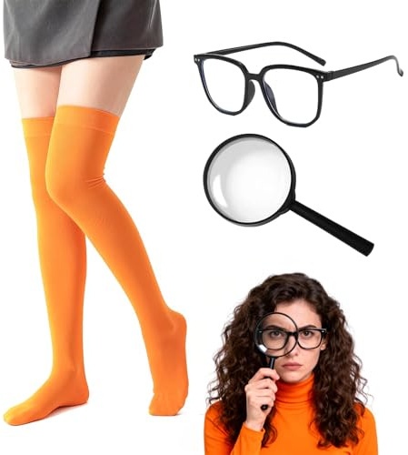 Werownsgso Orange Kniestrümpfe Overkneestrümpfe Halloween Kniestrümpfe Vintage Blaulichtbrille Lupen Orange Kostüm für Kostümparty Karneval Rollenspiel