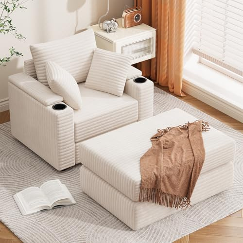 YODOLLA Single Chaise lounge Sofa, Chair Bed with Ottoman, Throw Pillow，Storage Armrest & Cup Holder，Modular Sofa for Apartment,Living Room, Bedroom (Beige)