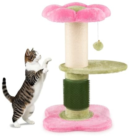 SOARS Kratzbaum, 69 cm hoch, 13 cm Dicker Stamm, Katzenbaum mit Kratzsäule, Selbstpflegegerät, Hängebäll und gepolsterter Plattform, Katzenkratzbaum stabil, Kletterbaum für Katzen, Katzenmöbel (Rosa)