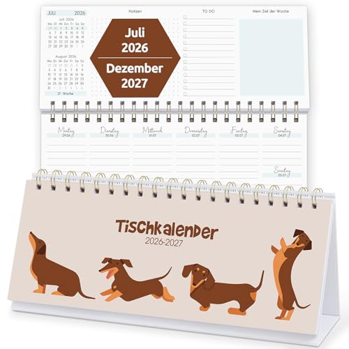 KONVINIT Bordskalender 2026 2027, veckoplanerare 2027 med stativ skrivbordskalender, 1 vecka 2 sidor, söt tax motiv stående kalender 2027 för skola kontor hem (liggande format)