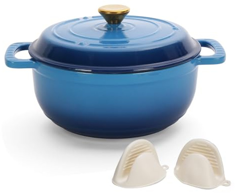 ROVSON Enamelled Cast Iron Dutch Oven, Casserole Dish with Lid and Silicone Gloves, Oven Safe Pot for Bread Baking, Braising and Stews (Cobalt Blue, 5QT)