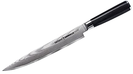 Samura Damascus Tranchiermesser, 67 Lagen Damaststahl, ultra-scharf, groß, 23 cm Klinge, ergonomischer G10 Carbon Handgriff, rostfrei, Kochmesser, Schinkenmesser