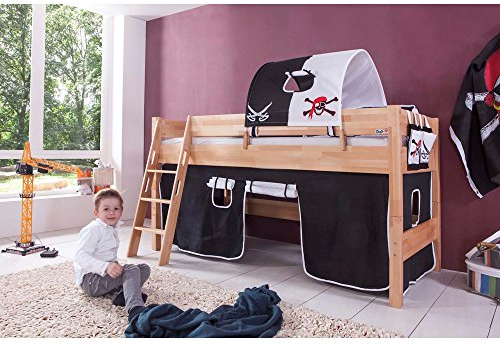 Relita Halbhohes Spielbett Kim mit 3 TLG. Stoff-Set Piraten, Buche massiv Natur lackiert